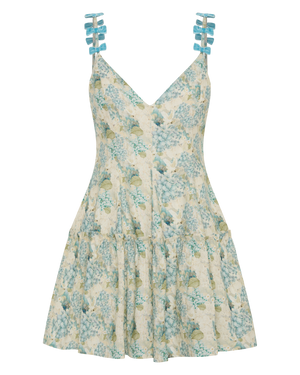 ethical linen dove and hydrangea blue velvet bow mini dress in blue floral linen dress print