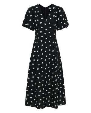 Black and White Polka Dot Hearts Linen Midi Maxi Dress Polka Hearts