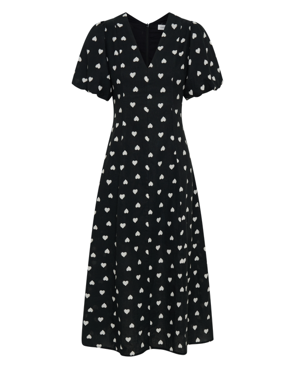 Black and White Polka Dot Hearts Linen Midi Maxi Dress Polka Hearts