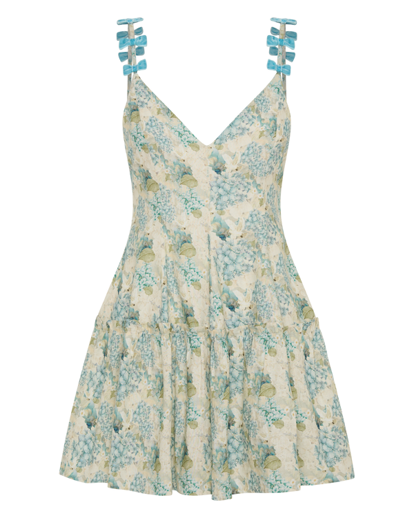 ethical linen dove and hydrangea blue velvet bow mini dress in blue floral linen dress print