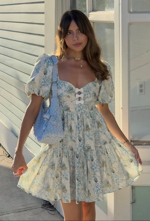 Hydrangea Blue Dove Linen Mini Dress Velvet Bow Corset Detail, Pockets, Babydoll Cut