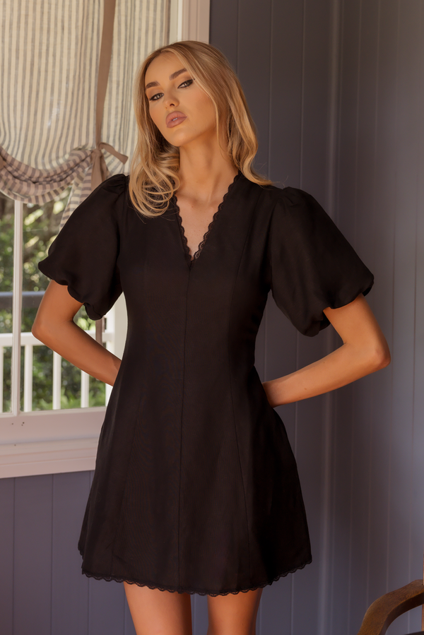 Dreamland Charm Dress Black Lace & Linen