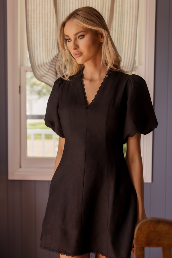 Dreamland Charm Dress Black Lace & Linen