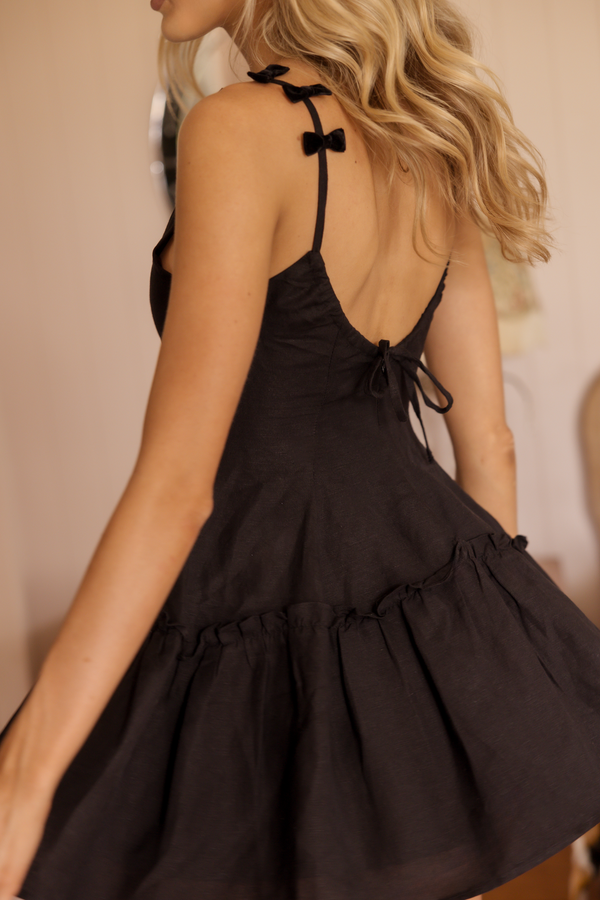 black velvet bow detail linen mini dress australian slow fashion designer party dress