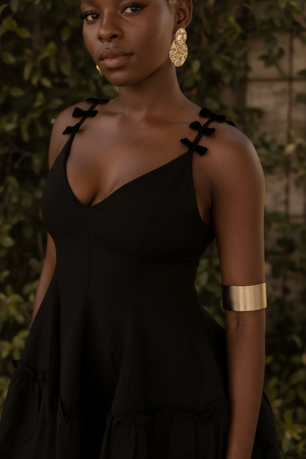 black velvet bow detail up close linen mini dress