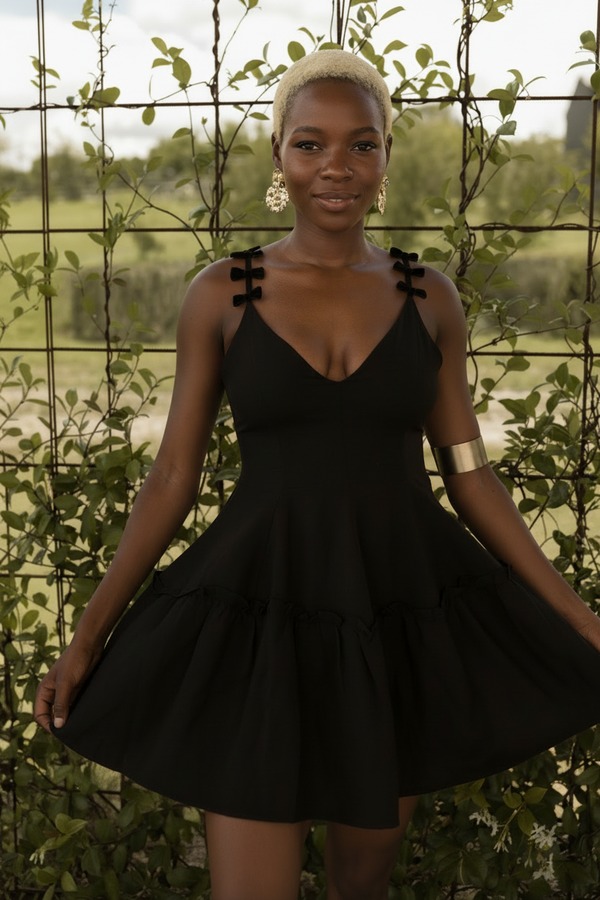 black velvet bow linen mini dress in garden french elegant summer dress