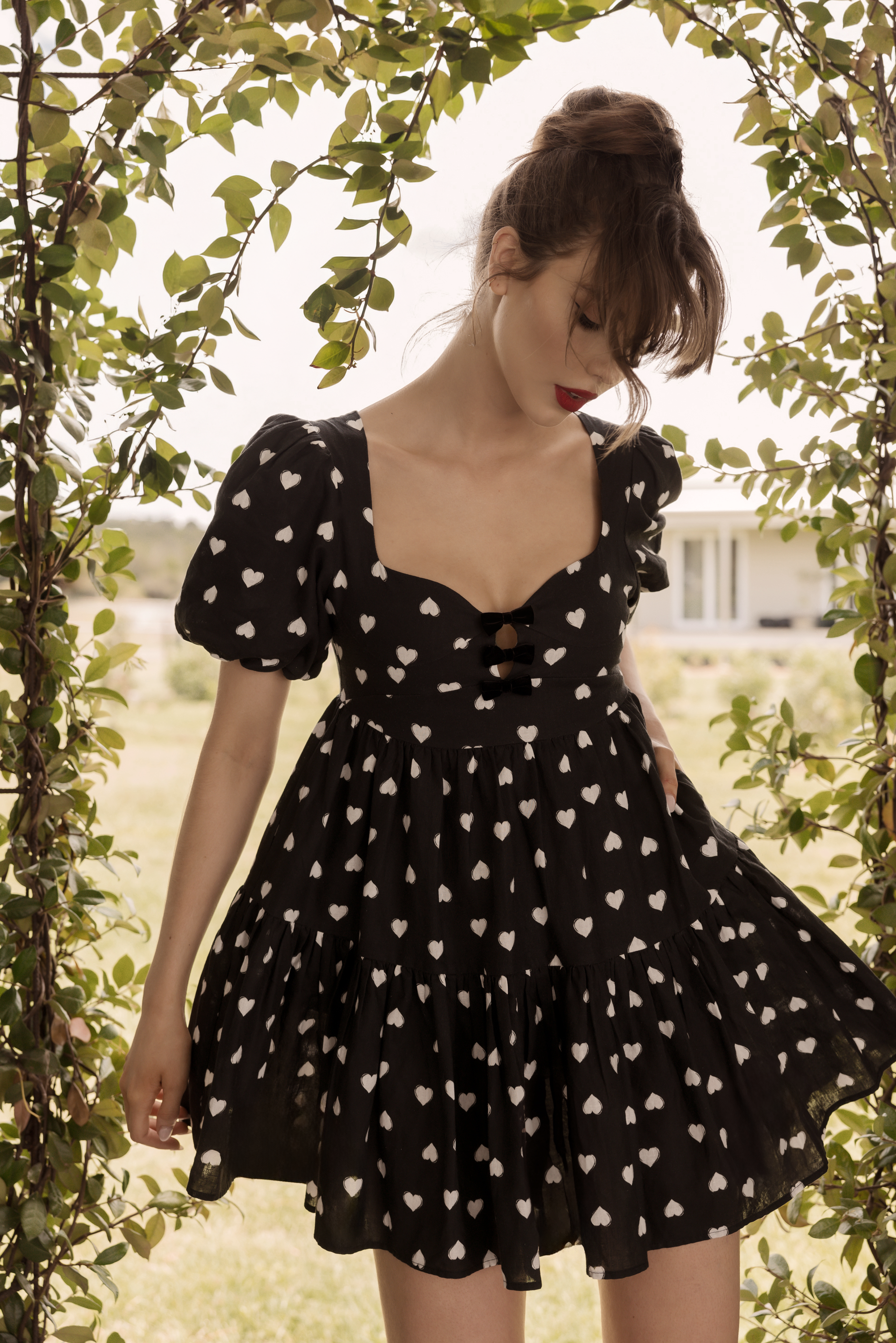 Corset Velvet Bow Polka Heart Babydoll Mini Linen Dress