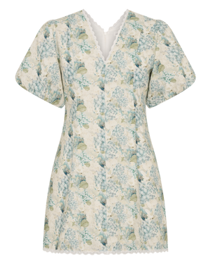 blue hydrangea print floral linen lace ivory dove mini dress puffed sleeves a line princess seam resort holiday summer dress