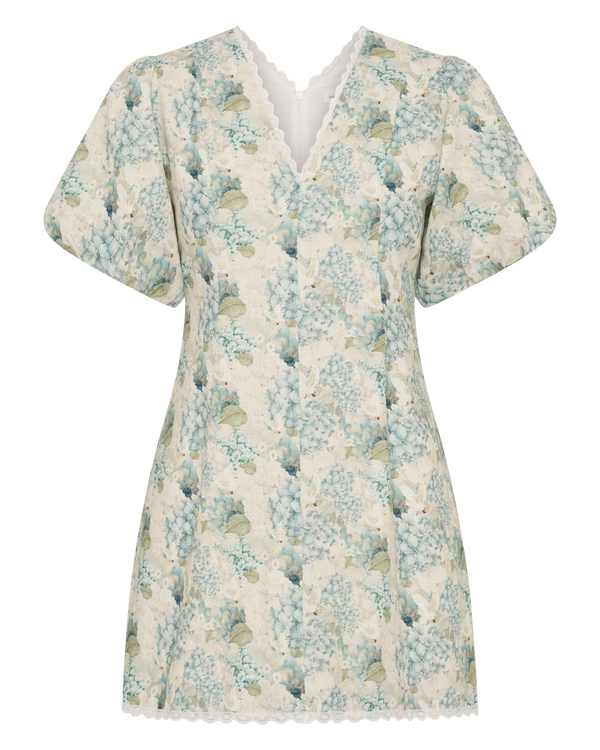 blue hydrangea print floral linen lace ivory dove mini dress puffed sleeves a line princess seam resort holiday summer dress