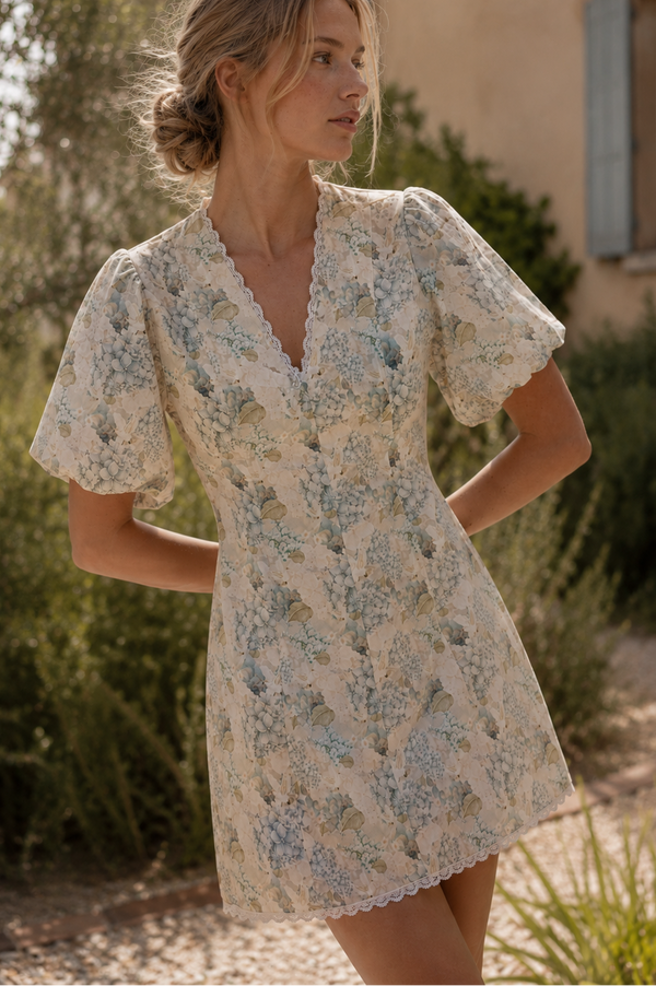 Dreamland Day Dress Blue Hydrangea & Dove Lace Linen Mini Dress