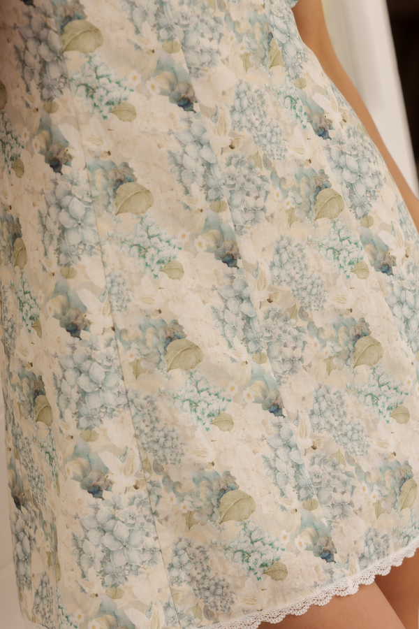 blue linen soft blue floral hydrangea ivory dove linen fabric close up mini dress lace