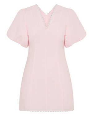 blush pale pink linen mini dress with lace detail fit sleeve summer french style