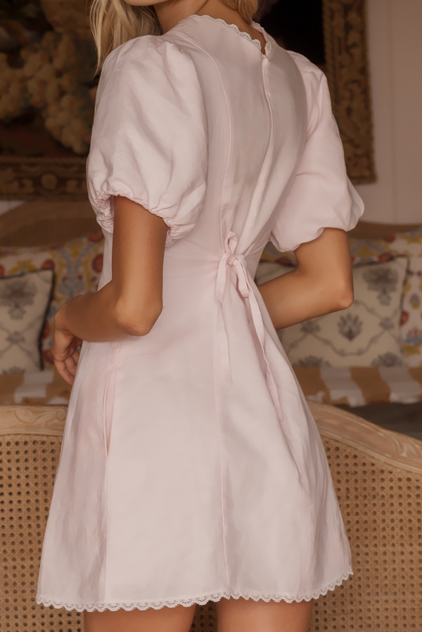 blush pink linen lace ivory mini dress back detail tie up