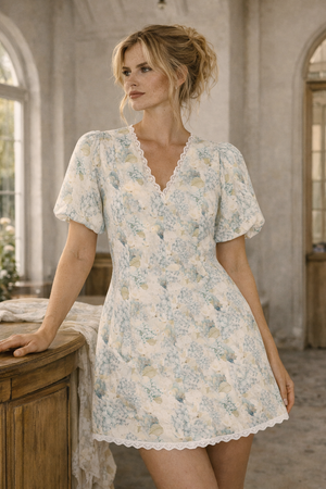 lace linen hydrangea elegant garden mini dress blue floral dove australian designer elegant linen french style