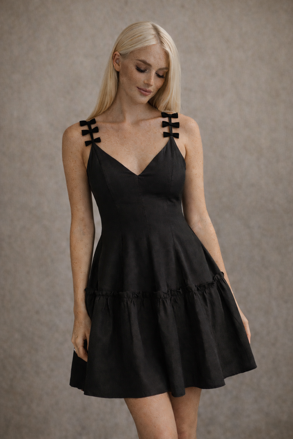 black linen and velvet bow french mini dress strap with ruffle hem fit and flare
