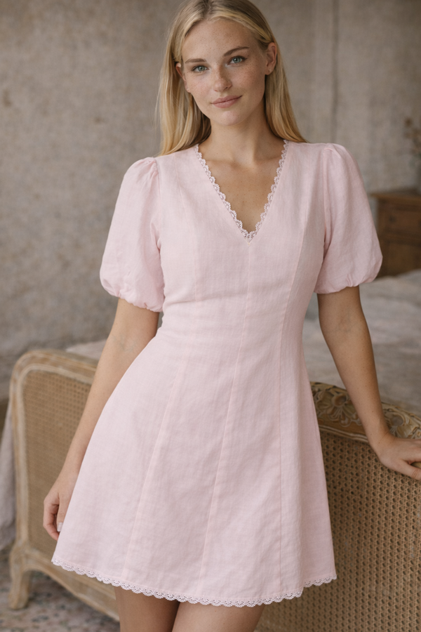 blush pink linen mini dress blush lace detail elegant summer style