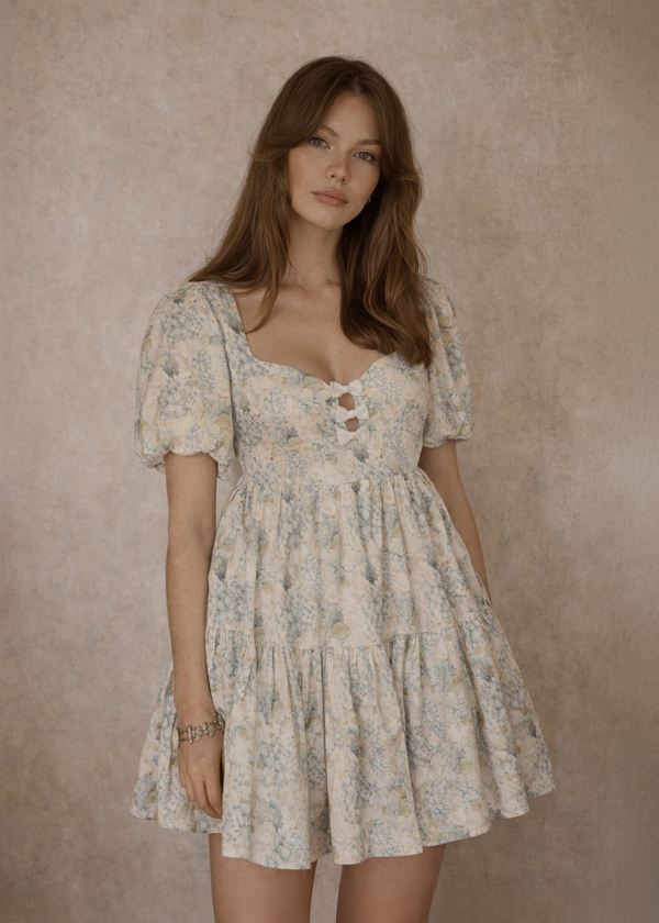 soft blue hydrangea and dove floral print linen mini dress corset bodice babydoll cut