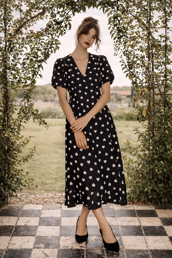 Painted Polka Heart Portrait Garden Linen Midi Dress