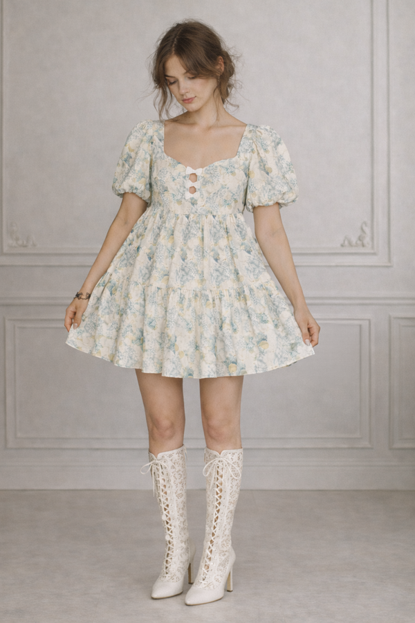 ivory and soft blue floral hydrangea and dove mini babydoll corset dress linen with ivory lace knee length boots french style 