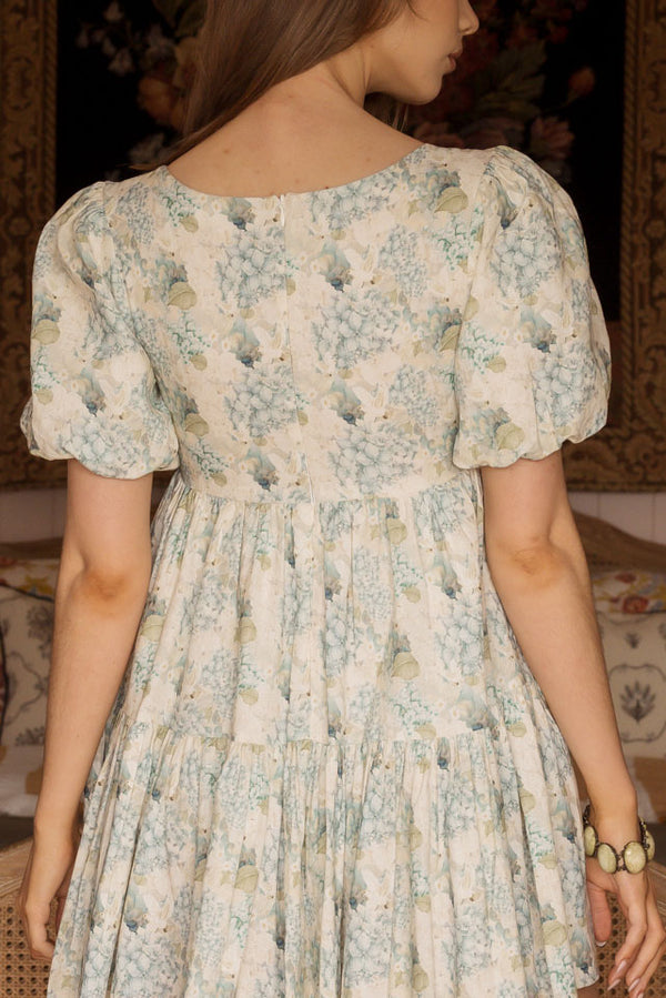 blue hydrangea linen mini dress elegant doves floral french garden dress