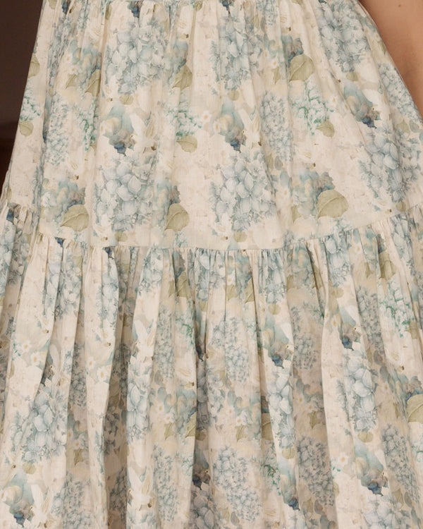 blue hydrangea and dove floral linen fabric detail