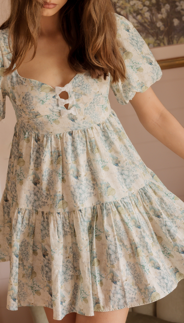 velvet bow and blue floral hydrangea and dove linen corset babydoll mini linen dress