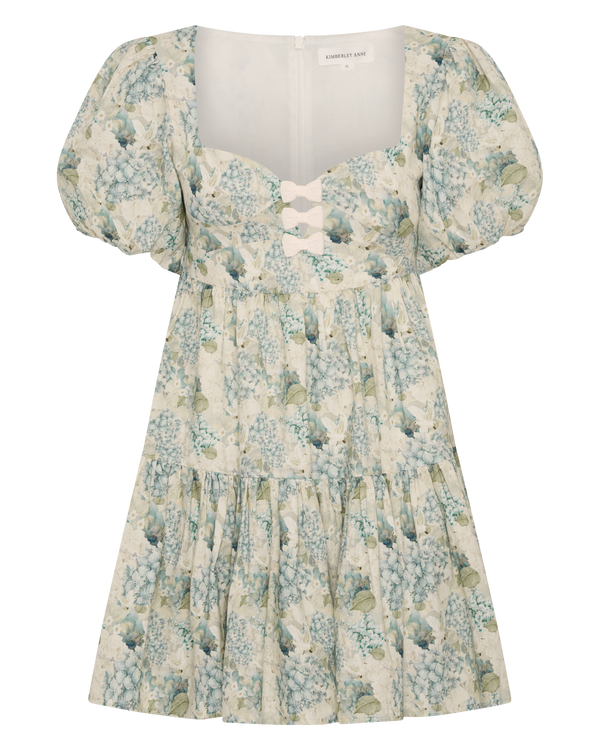 blue hydrangea floral ivory dove mini babydoll dress with velvet ivory bows corset style bodice