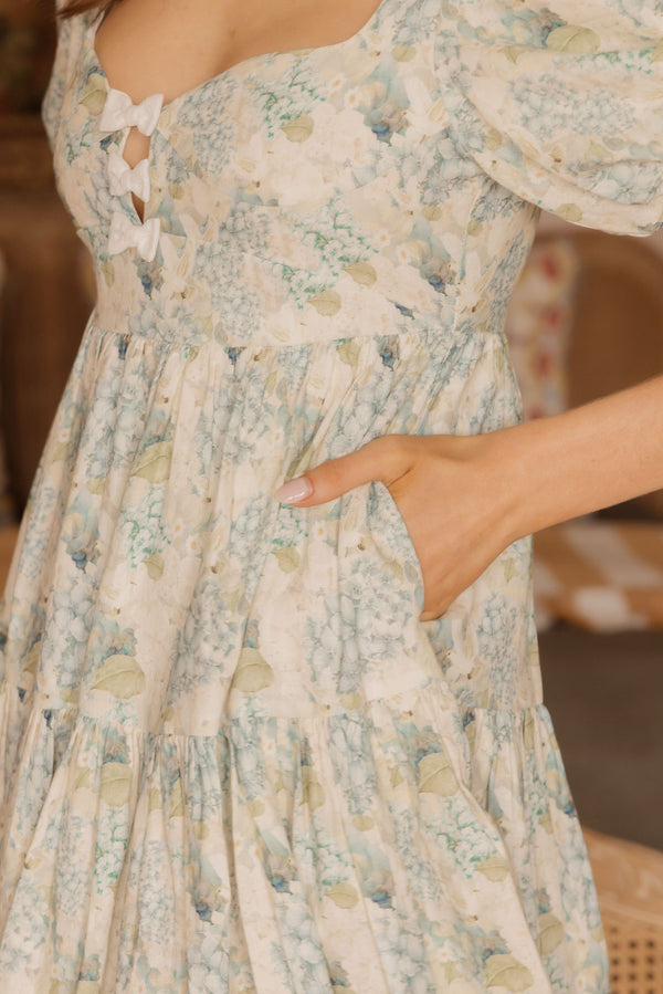 blue hydrangea elegant mini dress pocket detail linen babydoll cut fitted bodice 