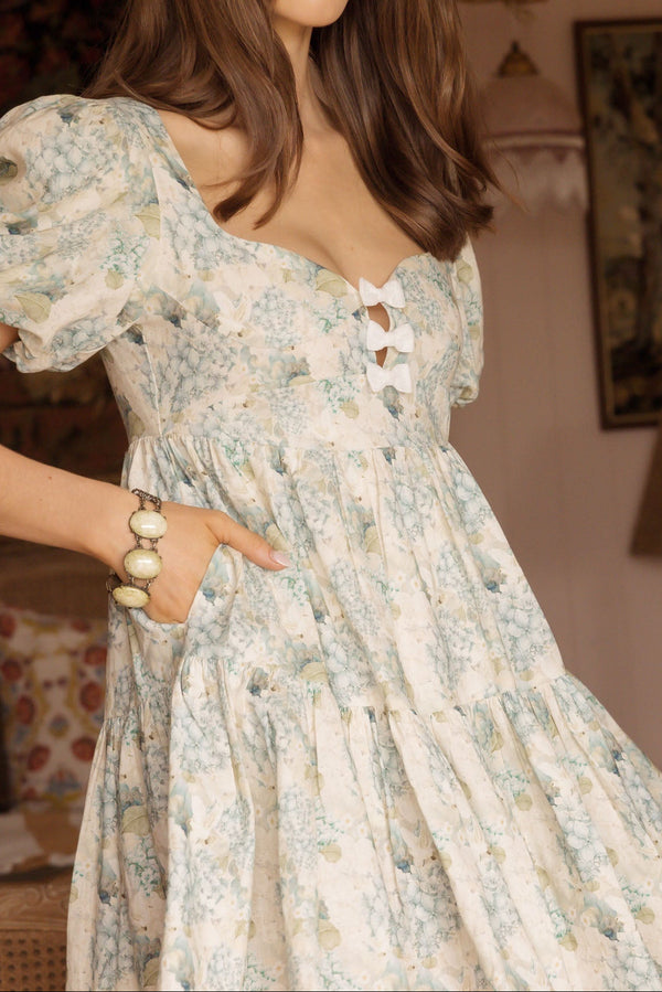 velvet bow blue hydrangea mini party dress corset style floral ivory doves 