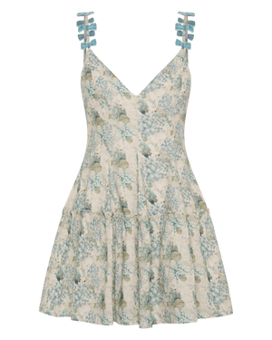 blue floral garden hydrangea dove ivory velvet bow mini dress linen