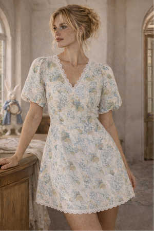 Woman wearing a soft blue linen hydrangea and dove lace mini dress garden dress with puffed sleeves and lace detail