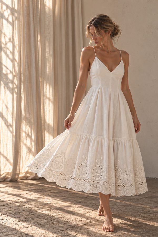 natural_linen_dress_french_Lace_embroidery_white_ivory_Cotton_Linen_Strap_vneck_Midi_Waist 