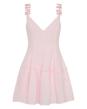 pale pink linen blush pink velvet bow straps mini dress ruffled fit and flared style