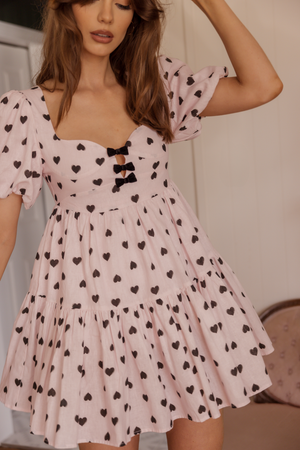 pink linen babydoll corset velvet bow polka dot heart pink and black mini dress fun party dress