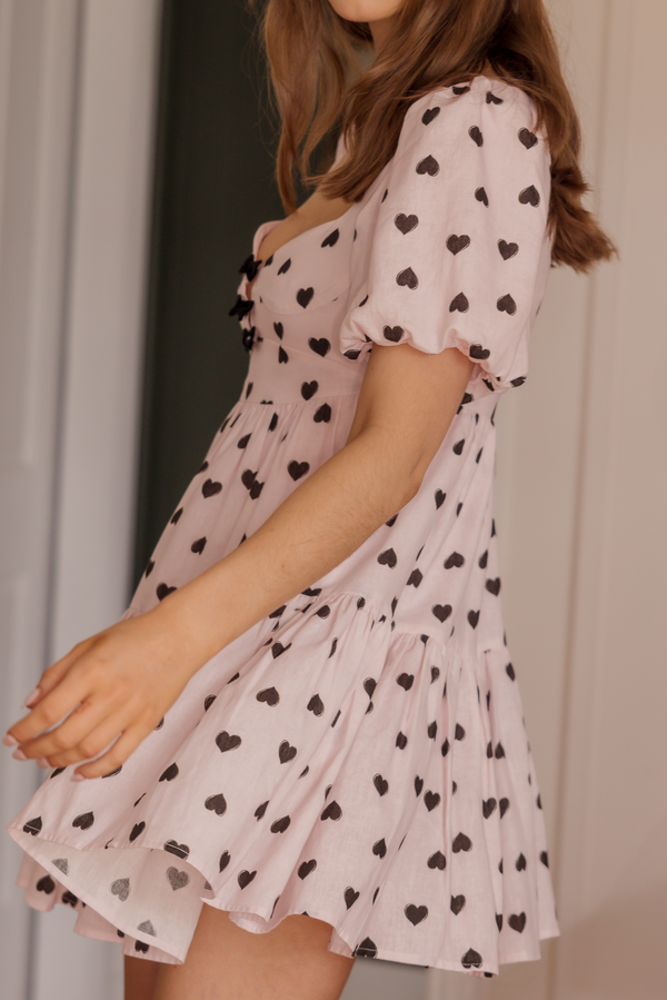 pink linen black polka dot heart mini babydoll corset dress linen velvet bows
