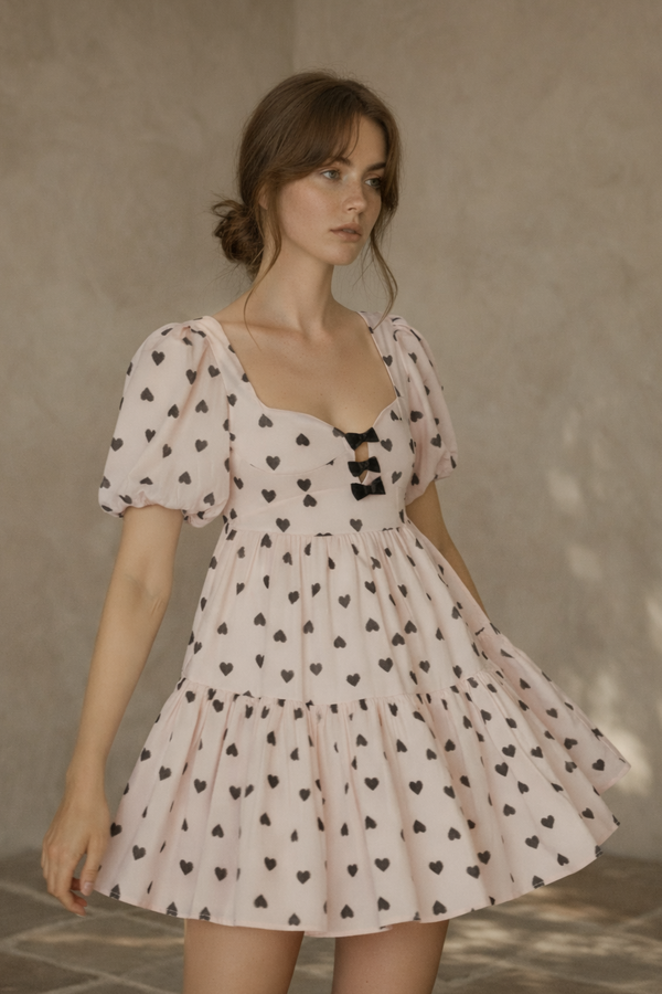 Polka Pink Heart Babydoll Bow Linen Mini Dress Corset Style Bodice and KIMBERLEY ANNE Polka Pink Heart Babydoll Bow Linen Mini Dress Corset Style Bodice and KIMBERLEY ANNE