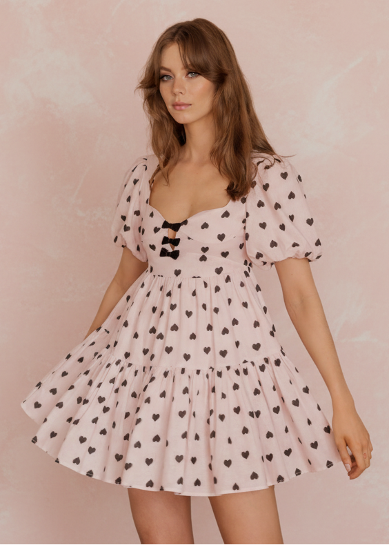 Polka Pink Heart Babydoll Bow Linen Mini Dress Corset Style Bodice and Velvet Bow Detail 10 Polka Pink Heart Babydoll Bow Linen Mini Dress Corset Style Bodice and Velvet Bow Detail 10