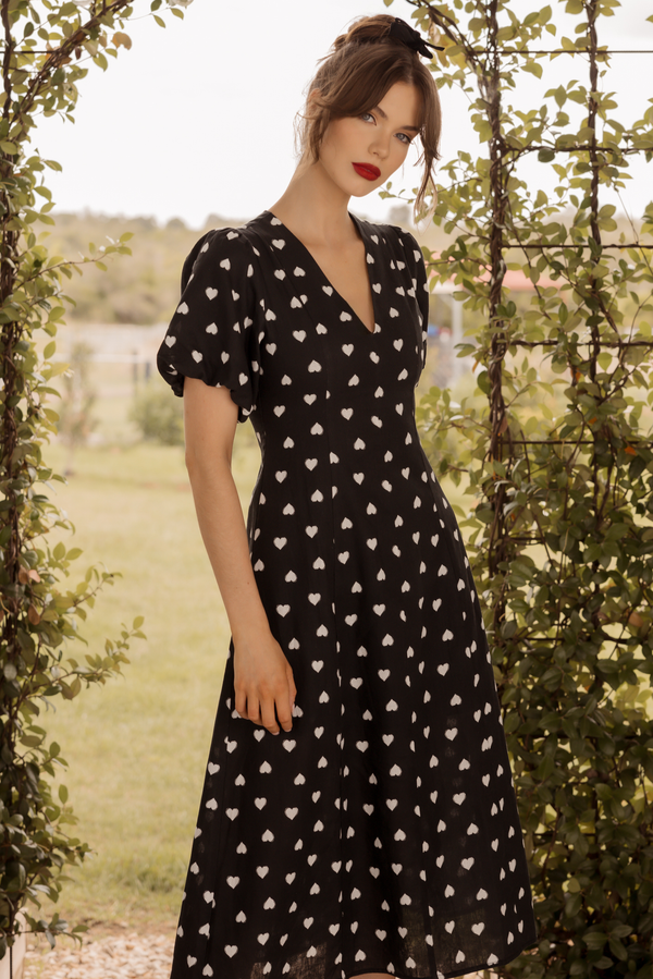 polka dot heart black and white linen midi maxi dress garden party 