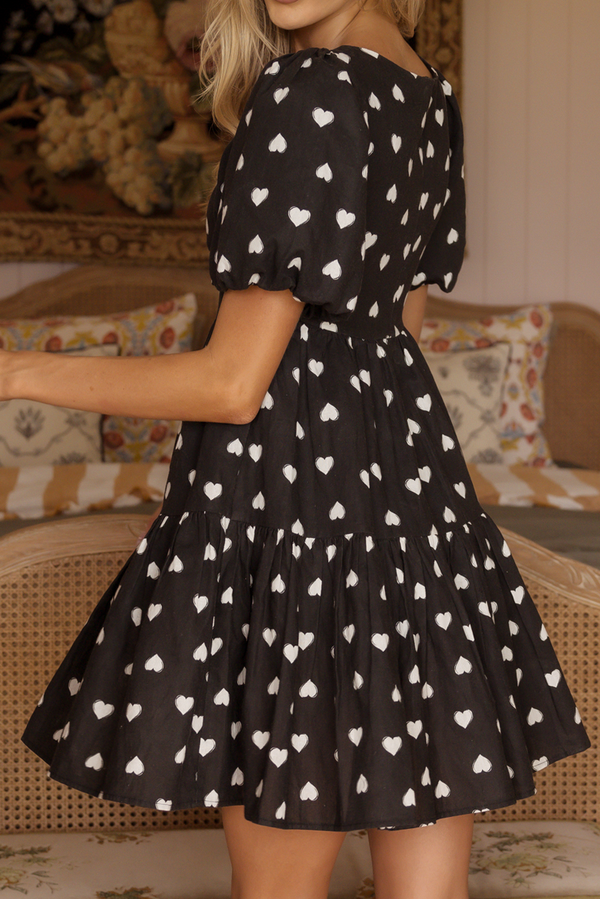polka dot heart black and white linen mini corset babydoll dress