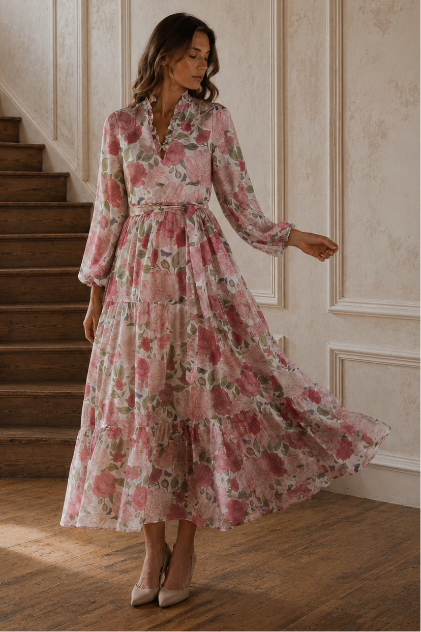Rose Bloom Silk Art Flow Floral Maxi Dress 10