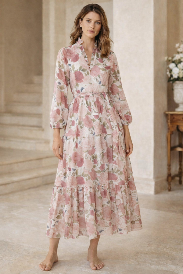 Rose Bloom Silk Art Flow Floral Maxi Dress