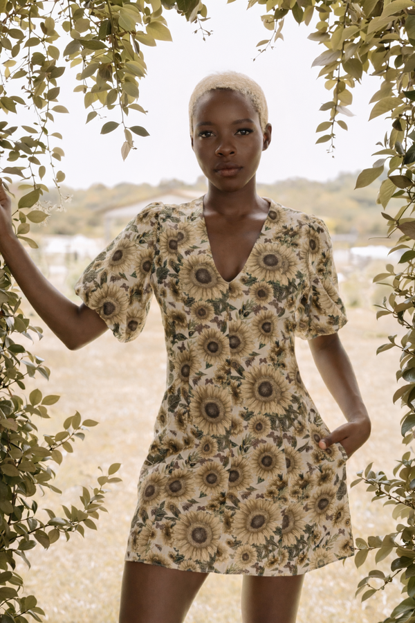 Dreamland Sunflower Art Linen Mini Dress Sunflower Linen Mini Dress