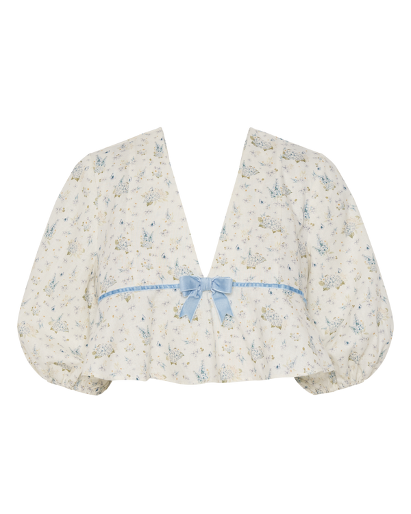 Hydrangea Blue Puffed Sleeve Bow Linen Crop Top
