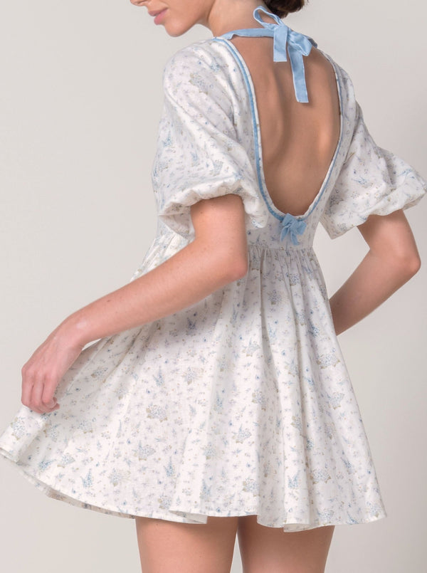 Hydrangea Blue Linen Mini Dress with Velvet Bow Detail