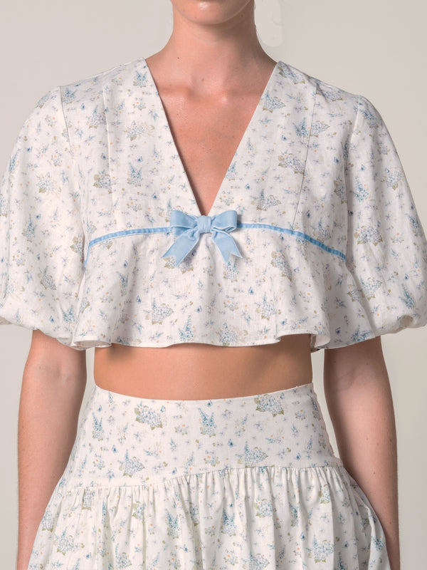 Hydrangea Blue Puffed Sleeve Bow Linen Crop Top