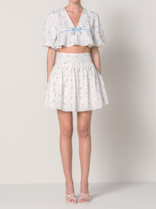 Hydrangea Blue Puffed Sleeve Bow Linen Crop Top