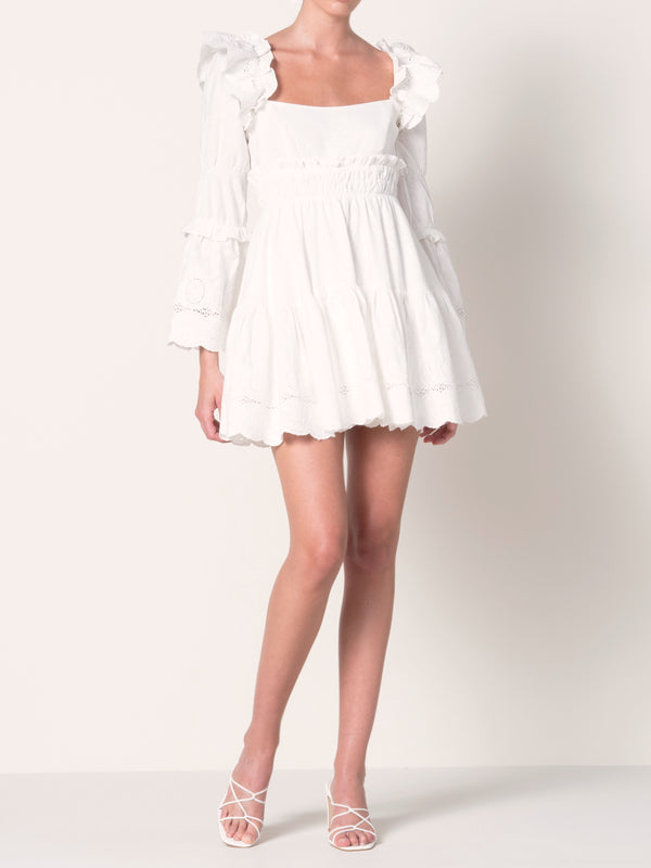 French Ivory Embroidered Linen Two Style Removable Sleeve Mini Dress with Pockets