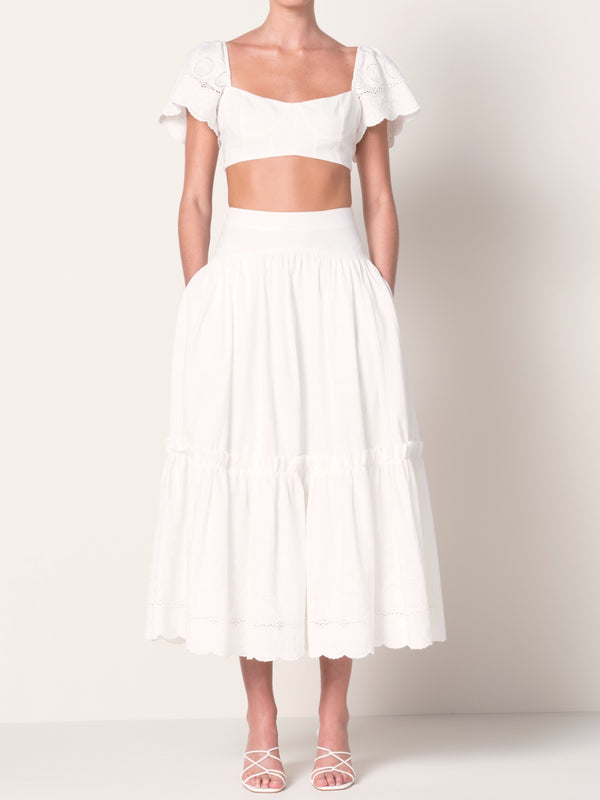 French Ivory Embroidered Linen Maxi Skirt