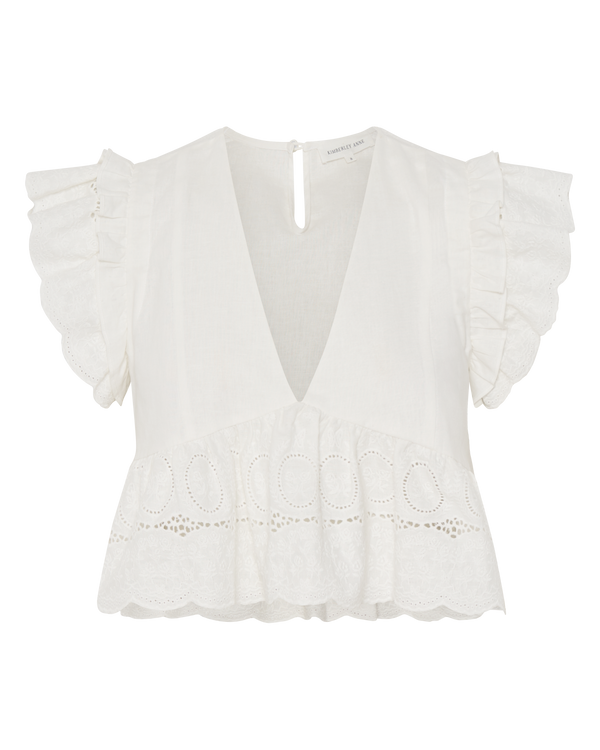 French Ivory Embroidered Two Style Removable Sleeve Linen Top