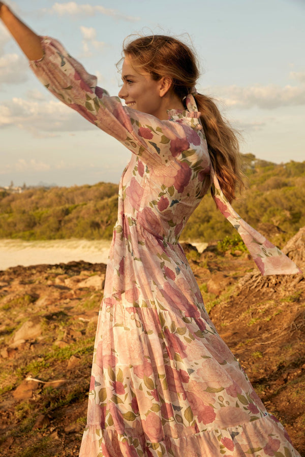 silk floral dress Rose Bloom Silk Art Flow Floral Maxi Dress – KIMBERLEY ANNE